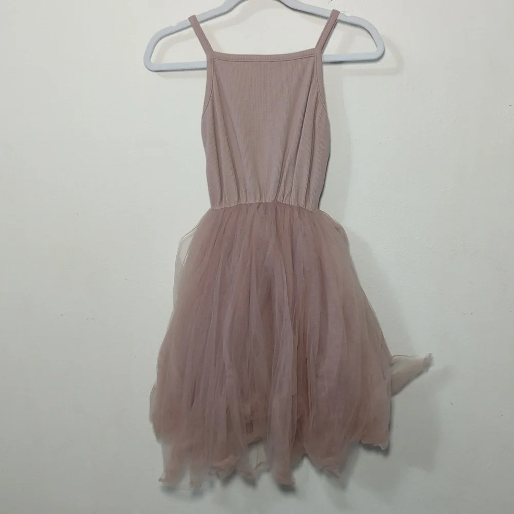 Girls Dusty Pink Ribbed Dress with Tutu Skirt Spaghetti Strap Size EU 140 US 10